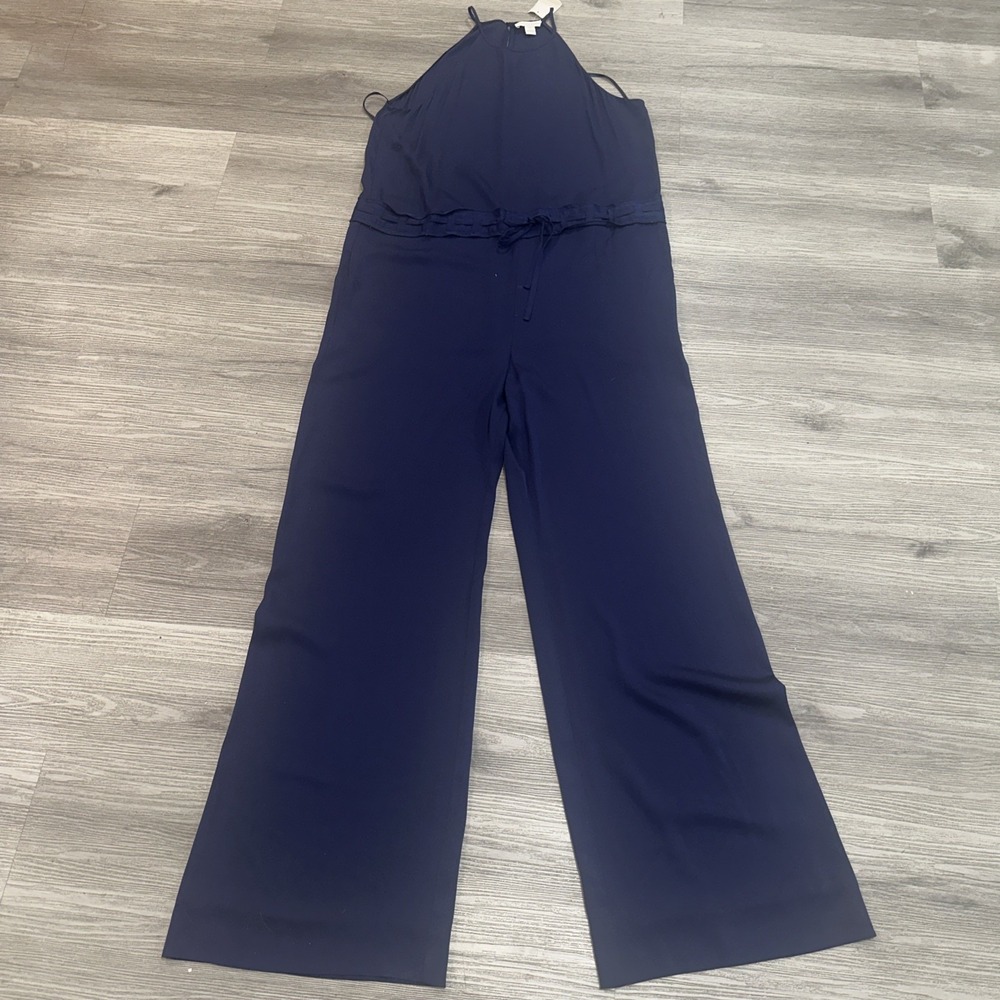 Diane Von Furstenberg Davin Silk Jumpsuit Size 14 Navy Tie Waist Wide Leg Halter - Picture 2 of 12